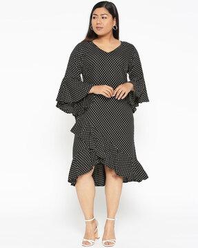 polka-dot v-neck a-line dress