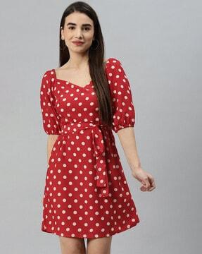 polka-dot v-neck fit and flare dress