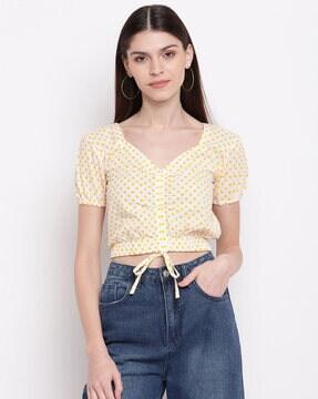 polka-dot v-neck top with tie-up