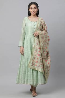 polka dots ankle length viscose woven women's kurta, tights & dupatta set - green