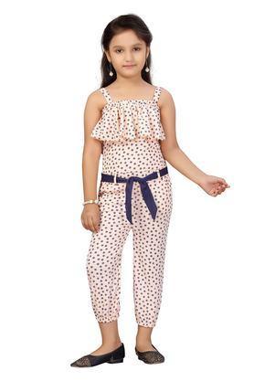 polka dots blended fabric square neck girls casual wear jumpsuit - peach