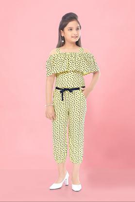 polka dots blended fabric square neck girls casual wear jumpsuit - yellow