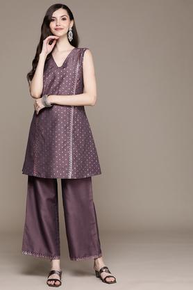 polka dots blended v neck women's kurta palazzo set - purple