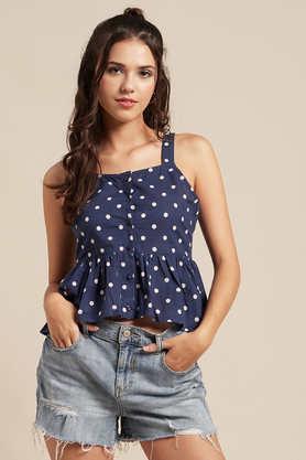 polka dots cambric square neck women's top - navy