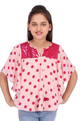 polka dots chiffon round neck girls top - pink