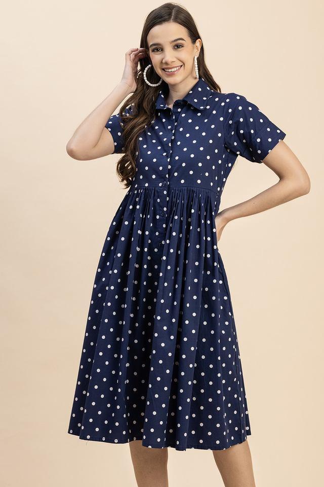 polka dots collared cotton womens knee length dress