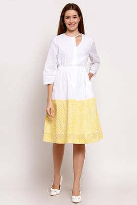 polka dots cotton asymmetric women's knee length dress - white
