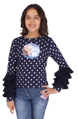 polka dots cotton blend round neck girls top - navy