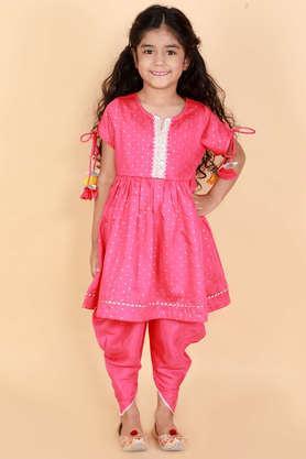 polka dots cotton full length girls kurta with dhoti set - pink