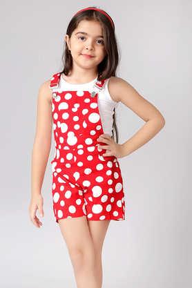 polka dots cotton girls dungaree shorts with t-shirt set - red