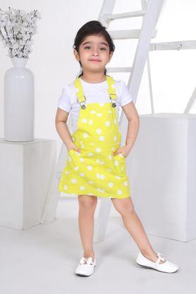 polka dots cotton knee length girls top with dungaree - yellow