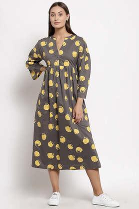 polka dots cotton mandarin women's midi dress - grey