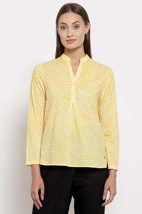 polka dots cotton mandarin women's shirt - yellow