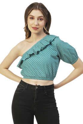 polka dots cotton one shoulder women's top - teal_green