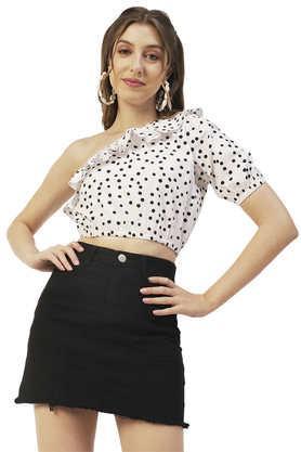 polka dots cotton one shoulder women's top - white