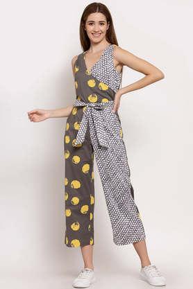 polka dots cotton regular fit women's jumpsuit - grey