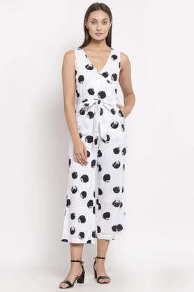polka dots cotton regular fit women's jumpsuit - white