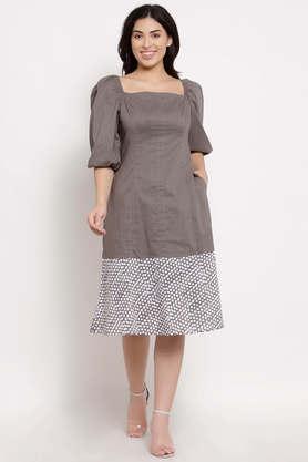 polka dots cotton square neck women's knee length dress - grey