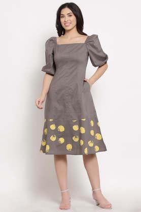polka dots cotton square neck women's knee length dress - grey