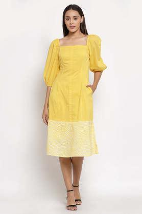 polka dots cotton square neck women's knee length dress - yellow