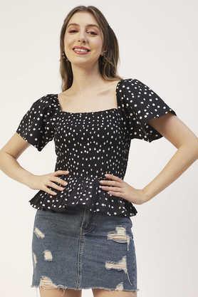 polka dots cotton square neck women's top - black & white