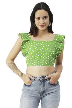 polka dots cotton square neck women's top - green