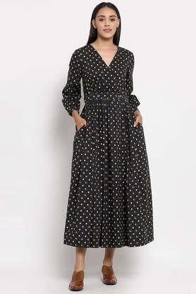 polka dots cotton v neck women's maxi dress - black