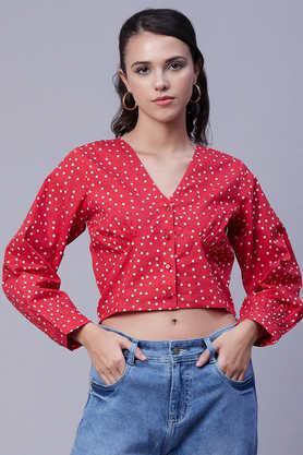 polka dots cotton v neck women's top - red