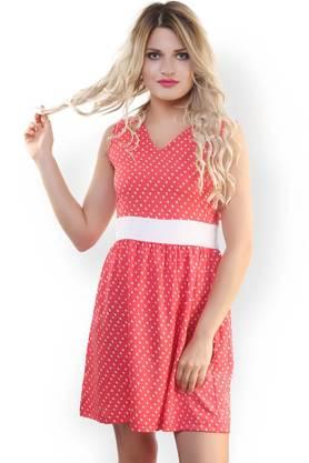 polka dots crepe v-neck women's mini dress - red