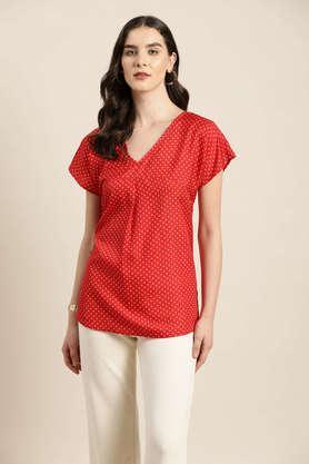 polka dots crepe v neck women's top - red