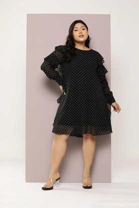 polka dots georgette boat neck women's knee length dress - black