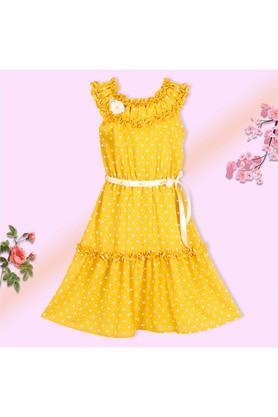 polka dots georgette round neck girls casual wear dress - yellow