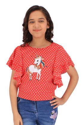 polka dots georgette round neck girls top - red