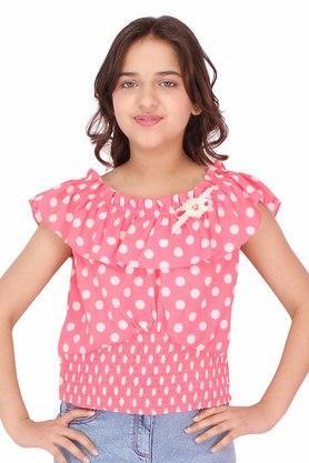 polka dots georgette round neck girls tops - pink