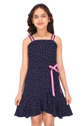polka dots georgette shoulder straps girls casual dress - navy