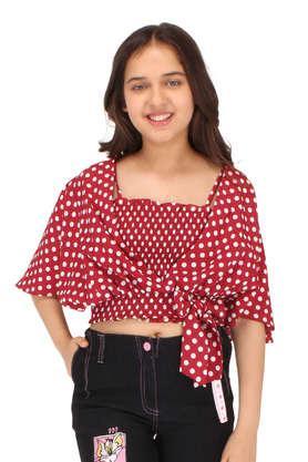 polka dots georgette square neck girl's top - maroon