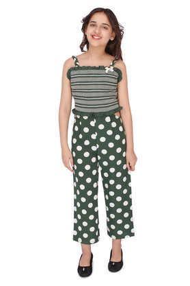 polka dots georgette square neck girls casual wear jumpsuit - green
