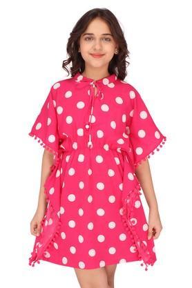 polka dots georgette tie up neck girls casual dress - fuchsia