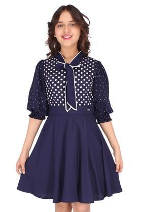 polka dots georgette v neck girls casual wear dress - navy