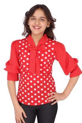 polka dots georgette v neck girls top - red