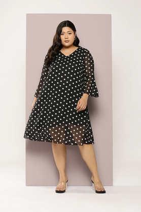 polka dots georgette v-neck women's knee length dress - black