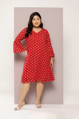 polka dots georgette v-neck women's mini dress - red