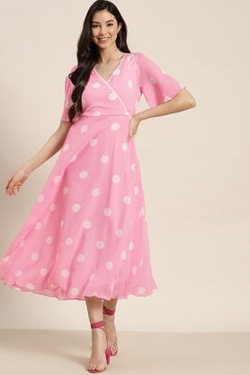 polka dots georgette v neck womens maxi dress - pink