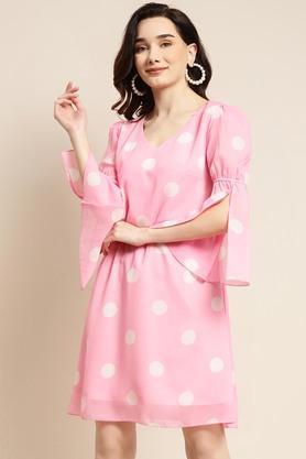 polka dots georgette v neck womens maxi dress - pink