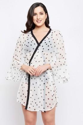 polka dots georgette v neck womens night robe - white