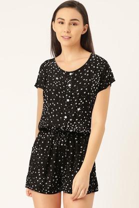 polka dots half sleeves rayon women's above knee jumpsuit - black