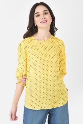 polka dots lyocell round neck womens top - yellow