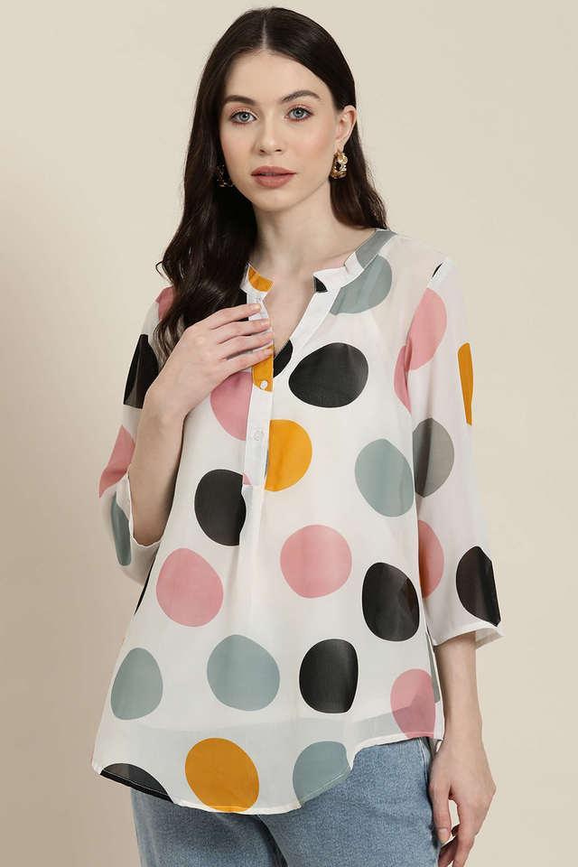 polka dots mandarin georgette womens casual wear shirt