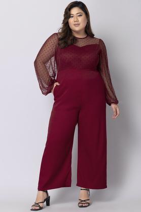 polka dots net regular fit women's jumpsuit - maroon