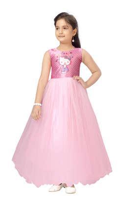 polka dots nylon round neck girls party wear gown - pink